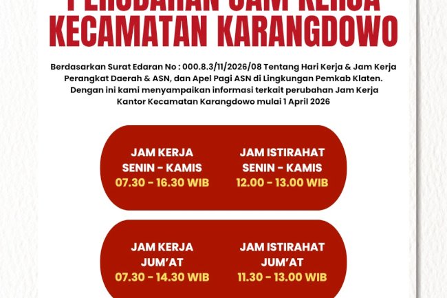 JAM KERJA KECAMATAN KARANGDOWO MULAI  1  APRIL  2026