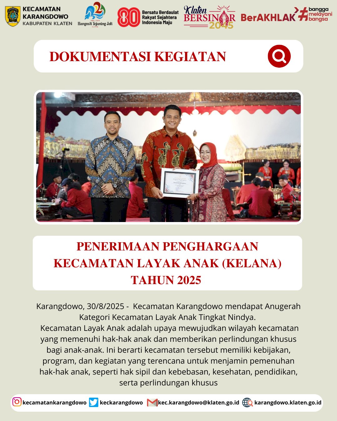 Kecamatan Karangdowo Menrrima Penghargaan Kecamatan Layak Anak (KELANA) Tahun 2025 