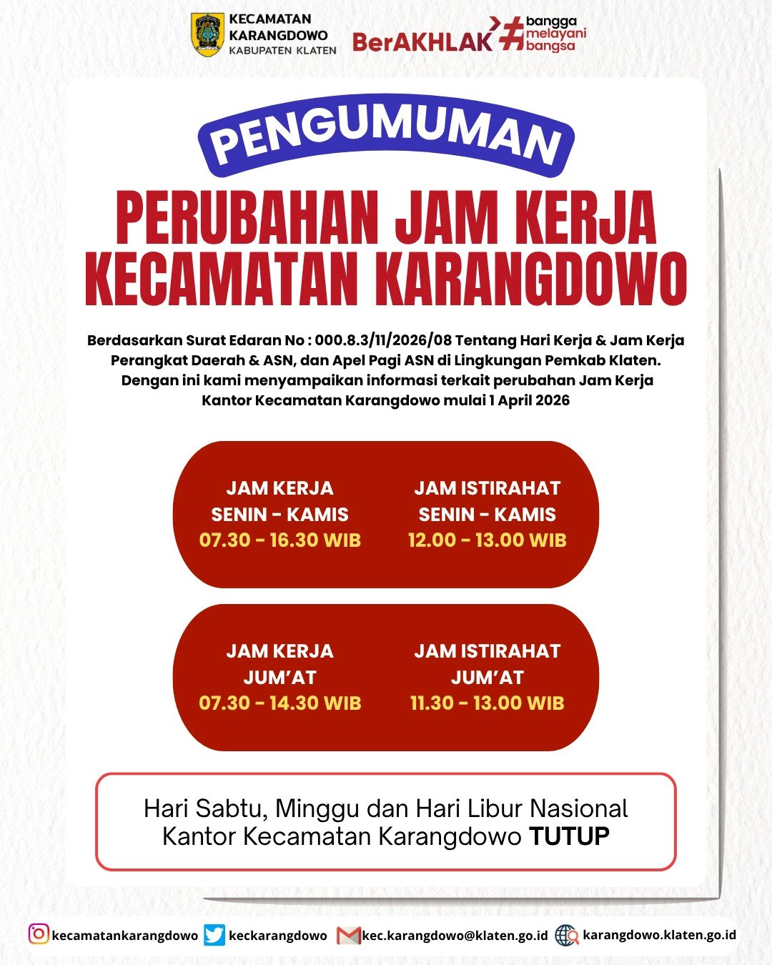 JAM KERJA KECAMATAN KARANGDOWO MULAI  1  APRIL  2026