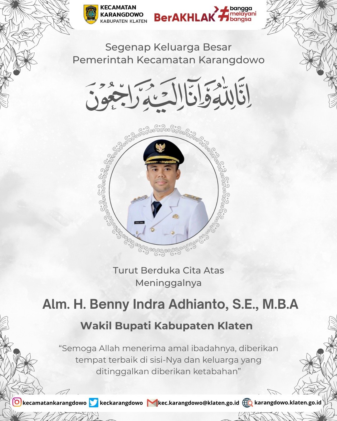 KELUARGA BESAR KECAMATAN KARANGDOWO  BERDUKA CITA YANG MENDALAM ATAS WAFATNYA BAPAK WAKIL BUPATI KLATEN