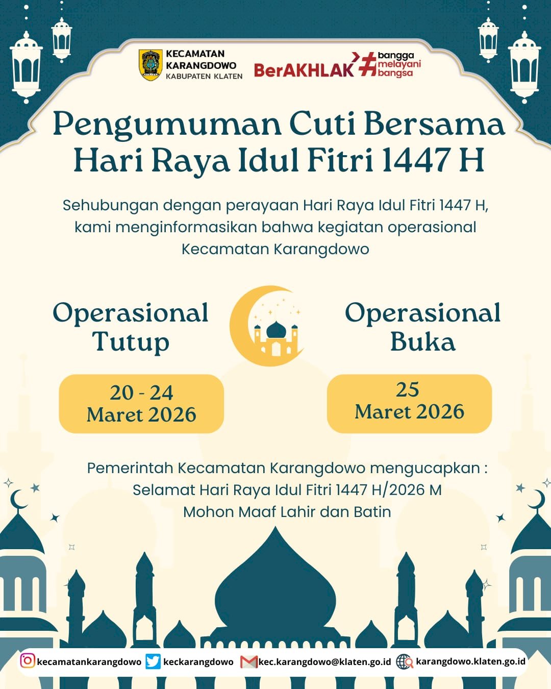 PENGUMUMAN CUTI BERSAMA HARI RAYA IDUL FITRI 1447 H / 2026 M