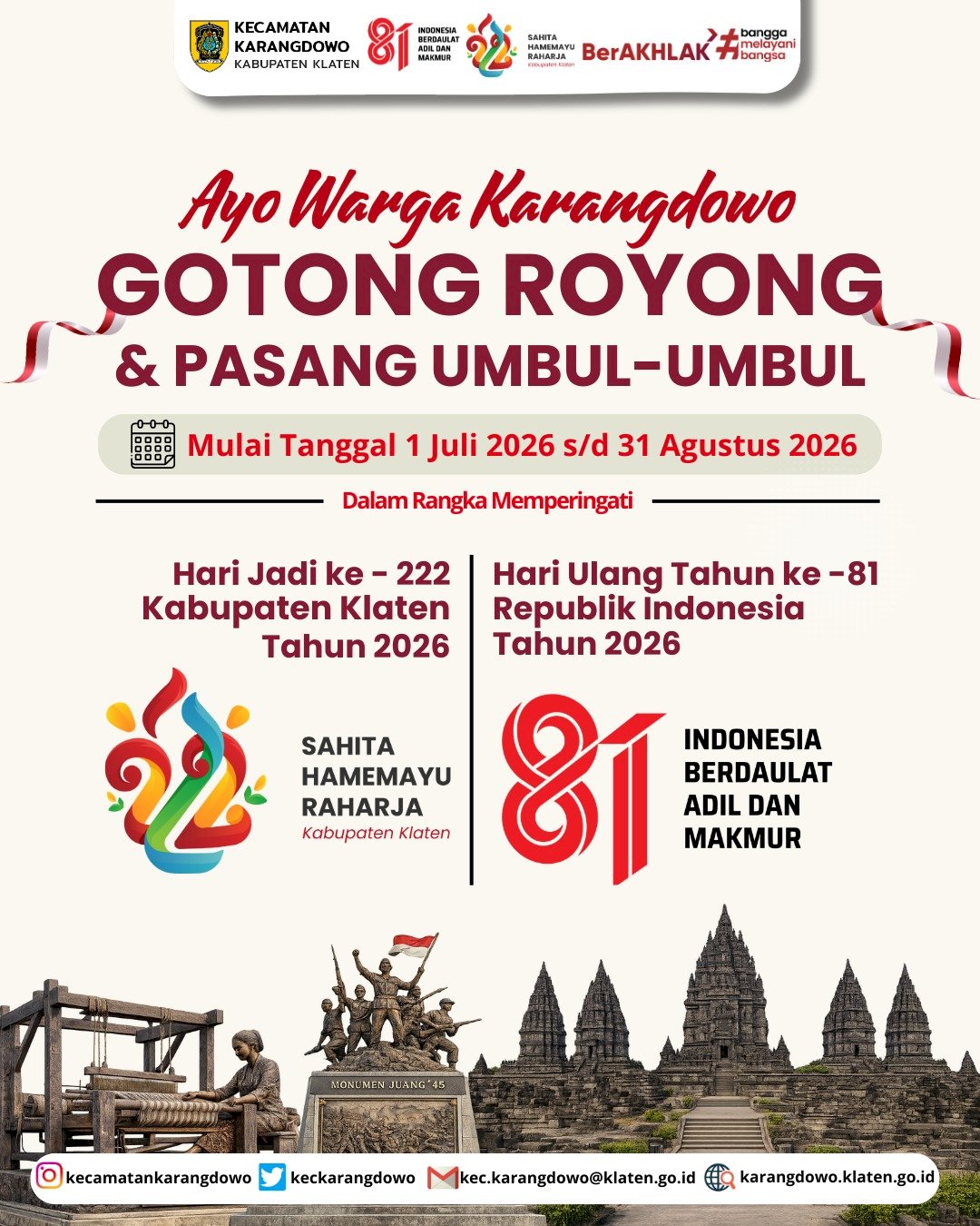 CAMAT KARANGDOWO AJAK SELURUH MASYARAKAT SAMBUT HARI JADI  KLATEN KE-222  DENGAN SUKA CITA DAN MERIAH