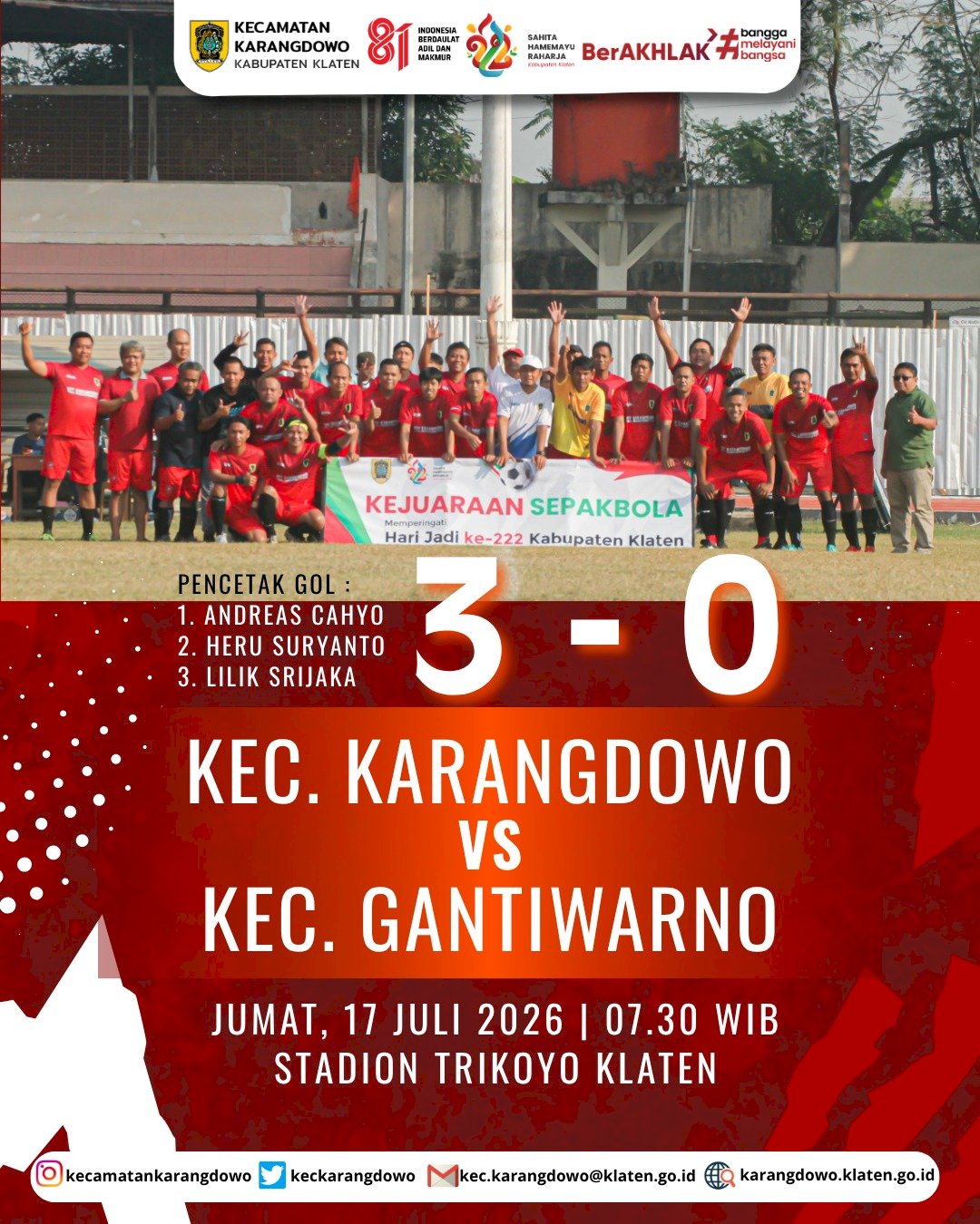 MENGALAHKAN TEAM GANTIWARNO LAGA SEPAK BOLA ANTAR INSTANSI  HARI JADI KLATEN TH. 2026