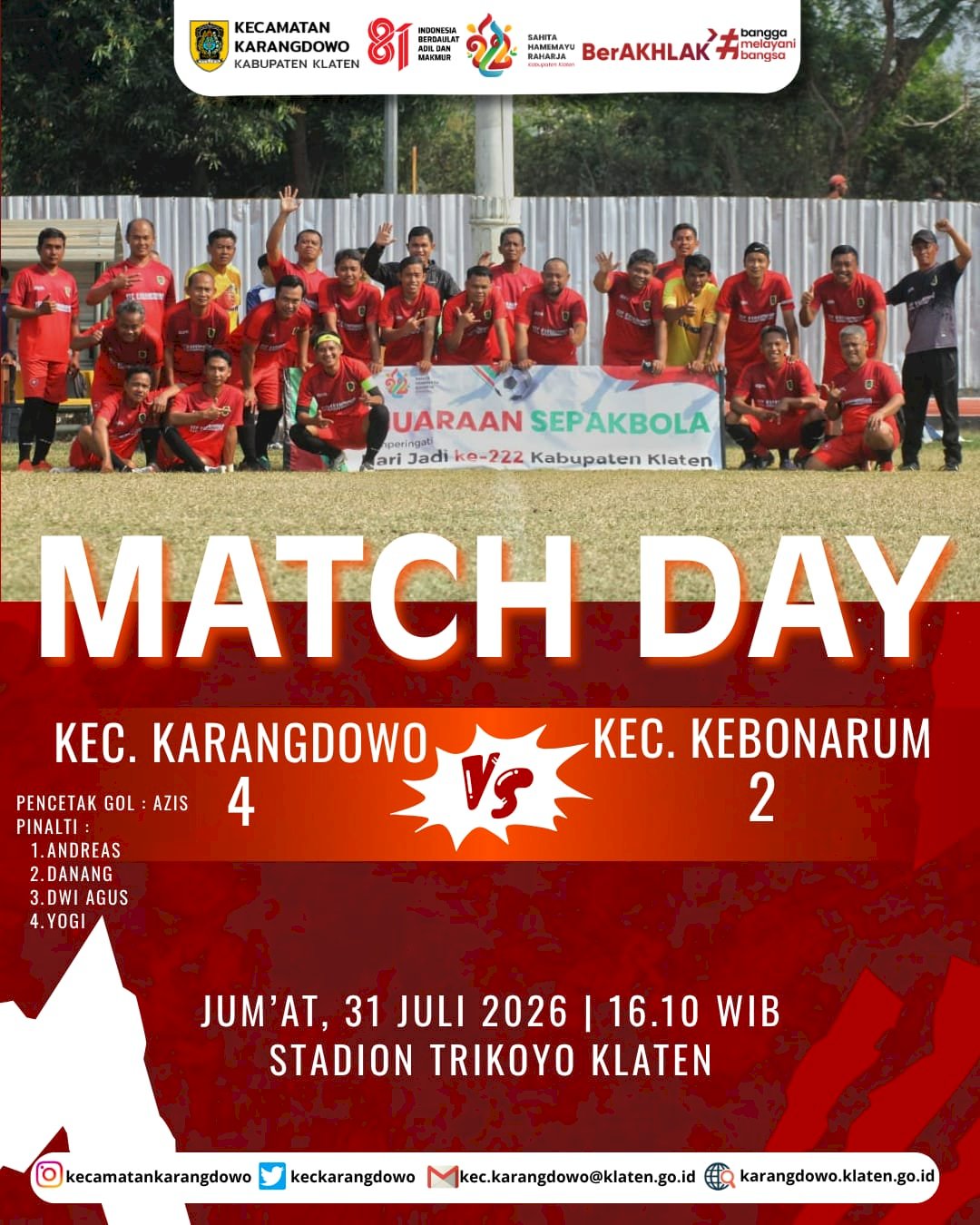 MENGALAHKAN TIM KEBONARUM KESEBELASAN KARANGDOWO MAJU KE BABAK SEMI FINAL